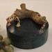 Vintage Wooden Trinket Box or Powder Jar with Resin Spotted Lizard in Log on Top