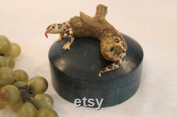 Vintage Wooden Trinket Box or Powder Jar with Resin Spotted Lizard in Log on Top