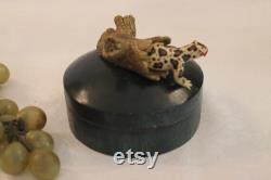 Vintage Wooden Trinket Box or Powder Jar with Resin Spotted Lizard in Log on Top