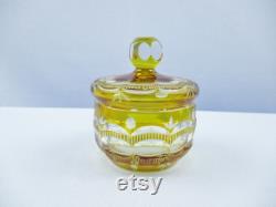 Vintage Yellow Crystal Etched to Clear Covered Vanity Box CHIPPED