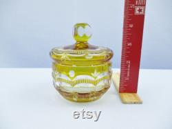 Vintage Yellow Crystal Etched to Clear Covered Vanity Box CHIPPED
