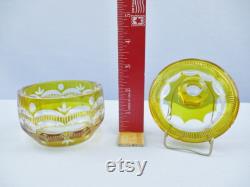 Vintage Yellow Crystal Etched to Clear Covered Vanity Box CHIPPED