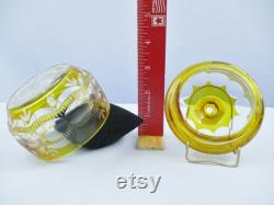 Vintage Yellow Crystal Etched to Clear Covered Vanity Box CHIPPED