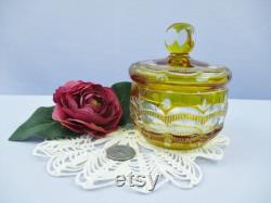 Vintage Yellow Crystal Etched to Clear Covered Vanity Box CHIPPED