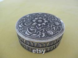 Vintage Yogya Djokja Silver Powder Box with Mirror, 800 1000, Handcrafted with Oriental Flowers and Foliage, Collectable, Gift