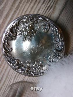 Vintage antique down powder puff and jar FandB monogrammed