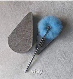 Vintage art deco 1920s swans down pastel blue powder puff with a chrome telescoping handle in original box. New vintage, unused. Dainty
