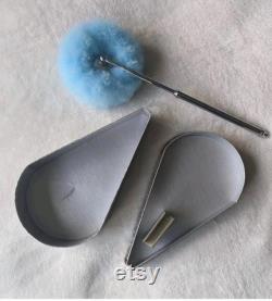 Vintage art deco 1920s swans down pastel blue powder puff with a chrome telescoping handle in original box. New vintage, unused. Dainty