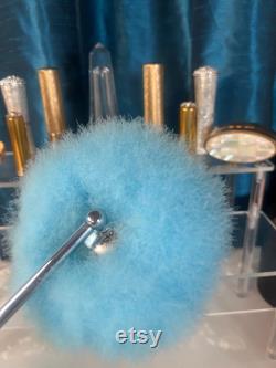 Vintage art deco 1920s swans down pastel blue powder puff with a chrome telescoping handle in original box. New vintage, unused. Dainty