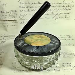 Vintage dressing table pressed glass powder box with scene and mirror with handle