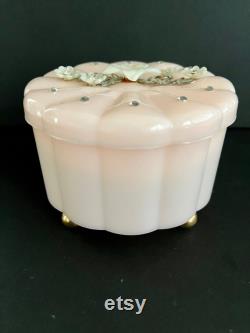 Vintage dusting powder box by Menda with puff by Lentheric, pink scalloped plastic adorned with metal foliage, plastic flowers, rhinestones.
