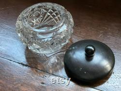 Vintage ebony lidded heavy cut glass powder jar