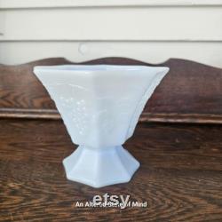 Vintage embossed grapevine candy dish, white milk glass, mid-century modern farmhouse shelf filler, accent decor, decorative pedestal bowl