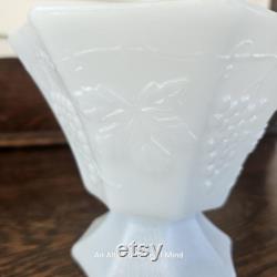 Vintage embossed grapevine candy dish, white milk glass, mid-century modern farmhouse shelf filler, accent decor, decorative pedestal bowl