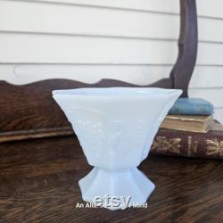 Vintage embossed grapevine candy dish, white milk glass, mid-century modern farmhouse shelf filler, accent decor, decorative pedestal bowl