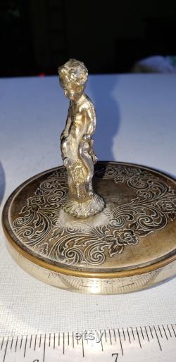 Vintage etched glass music box cherub lid powder dish excellent condition