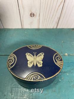 Vintage face powder box, blue enamel with silver butterfly, footed powder box, Lucretia Vanderbilt, NY, box with butterfly, blue and silver