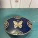 Vintage face powder box, blue enamel with silver butterfly, footed powder box, Lucretia Vanderbilt, NY, box with butterfly, blue and silver