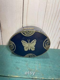 Vintage face powder box, blue enamel with silver butterfly, footed powder box, Lucretia Vanderbilt, NY, box with butterfly, blue and silver