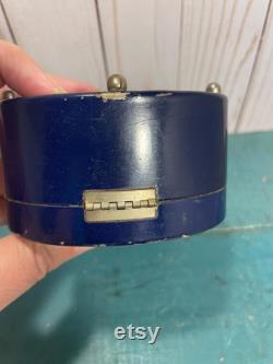 Vintage face powder box, blue enamel with silver butterfly, footed powder box, Lucretia Vanderbilt, NY, box with butterfly, blue and silver