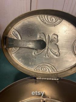 Vintage face powder box, blue enamel with silver butterfly, footed powder box, Lucretia Vanderbilt, NY, box with butterfly, blue and silver