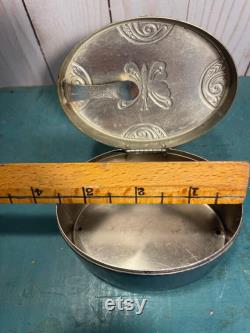 Vintage face powder box, blue enamel with silver butterfly, footed powder box, Lucretia Vanderbilt, NY, box with butterfly, blue and silver