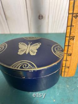 Vintage face powder box, blue enamel with silver butterfly, footed powder box, Lucretia Vanderbilt, NY, box with butterfly, blue and silver