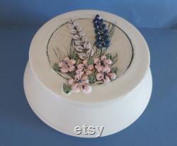 Vintage floral ceramic powder jar, covered candy dish, signed Roberts