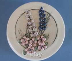 Vintage floral ceramic powder jar, covered candy dish, signed Roberts