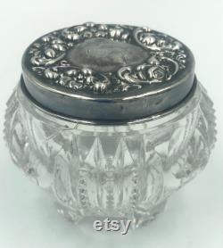 Vintage footed Pressed Glass POWDER JAR STERLING embossed lid Gs4-4