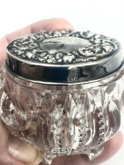 Vintage footed Pressed Glass POWDER JAR STERLING embossed lid Gs4-4