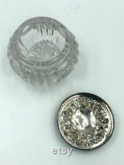 Vintage footed Pressed Glass POWDER JAR STERLING embossed lid Gs4-4