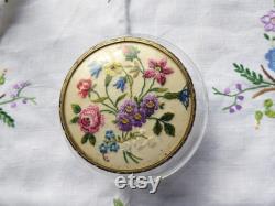 Vintage glass dressing table powder bowl floral petit pointe top plus powder puff