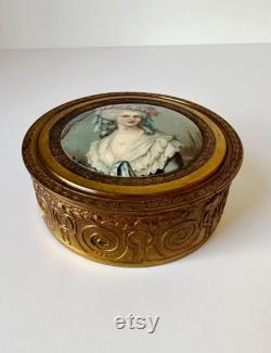 Vintage gold powder box with Victorian lady portrait