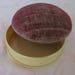 Vintage ivory coloured celluloid lidded powder bowl, maroon padded lid, vanity accessory, no puff included 4.5 W 1 D 4.75 base, lid 1.25 H
