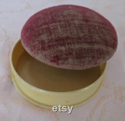 Vintage ivory coloured celluloid lidded powder bowl, maroon padded lid, vanity accessory, no puff included 4.5 W 1 D 4.75 base, lid 1.25 H