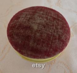 Vintage ivory coloured celluloid lidded powder bowl, maroon padded lid, vanity accessory, no puff included 4.5 W 1 D 4.75 base, lid 1.25 H