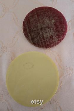 Vintage ivory coloured celluloid lidded powder bowl, maroon padded lid, vanity accessory, no puff included 4.5 W 1 D 4.75 base, lid 1.25 H