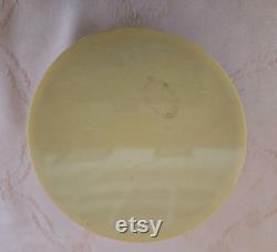 Vintage ivory coloured celluloid lidded powder bowl, maroon padded lid, vanity accessory, no puff included 4.5 W 1 D 4.75 base, lid 1.25 H