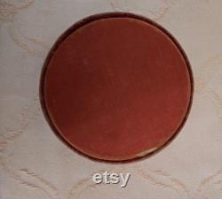 Vintage ivory coloured celluloid lidded powder bowl, maroon padded lid, vanity accessory, no puff included 4.5 W 1 D 4.75 base, lid 1.25 H