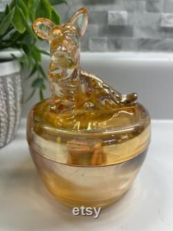 Vintage marigold luster glass powder puff box or trinket dish with Scotty dog Jeannette glass