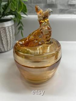 Vintage marigold luster glass powder puff box or trinket dish with Scotty dog Jeannette glass