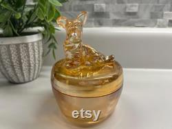 Vintage marigold luster glass powder puff box or trinket dish with Scotty dog Jeannette glass