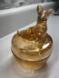 Vintage marigold luster glass powder puff box or trinket dish with Scotty dog Jeannette glass