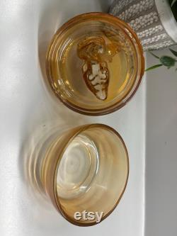 Vintage marigold luster glass powder puff box or trinket dish with Scotty dog Jeannette glass
