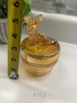 Vintage marigold luster glass powder puff box or trinket dish with Scotty dog Jeannette glass