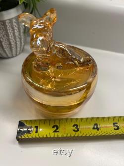Vintage marigold luster glass powder puff box or trinket dish with Scotty dog Jeannette glass