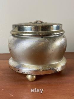 Vintage, metal, 3 footed, musical powder box with mirror inside the lid