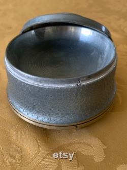 Vintage metal musical powder box, blue gray aluminum vanity trinket jewelry storage, robed couple and cherub porcelain cabochon