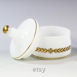 Vintage, mid century white opaline glass powder Jar with gold decor, made in Sweden Box